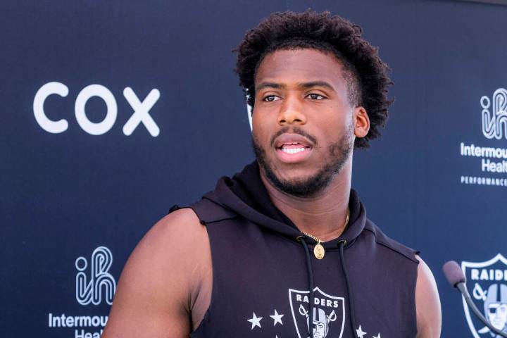 Raiders defensive end Malcolm Koonce (51) speaks to the media during Raiders OTA practice at th ...
