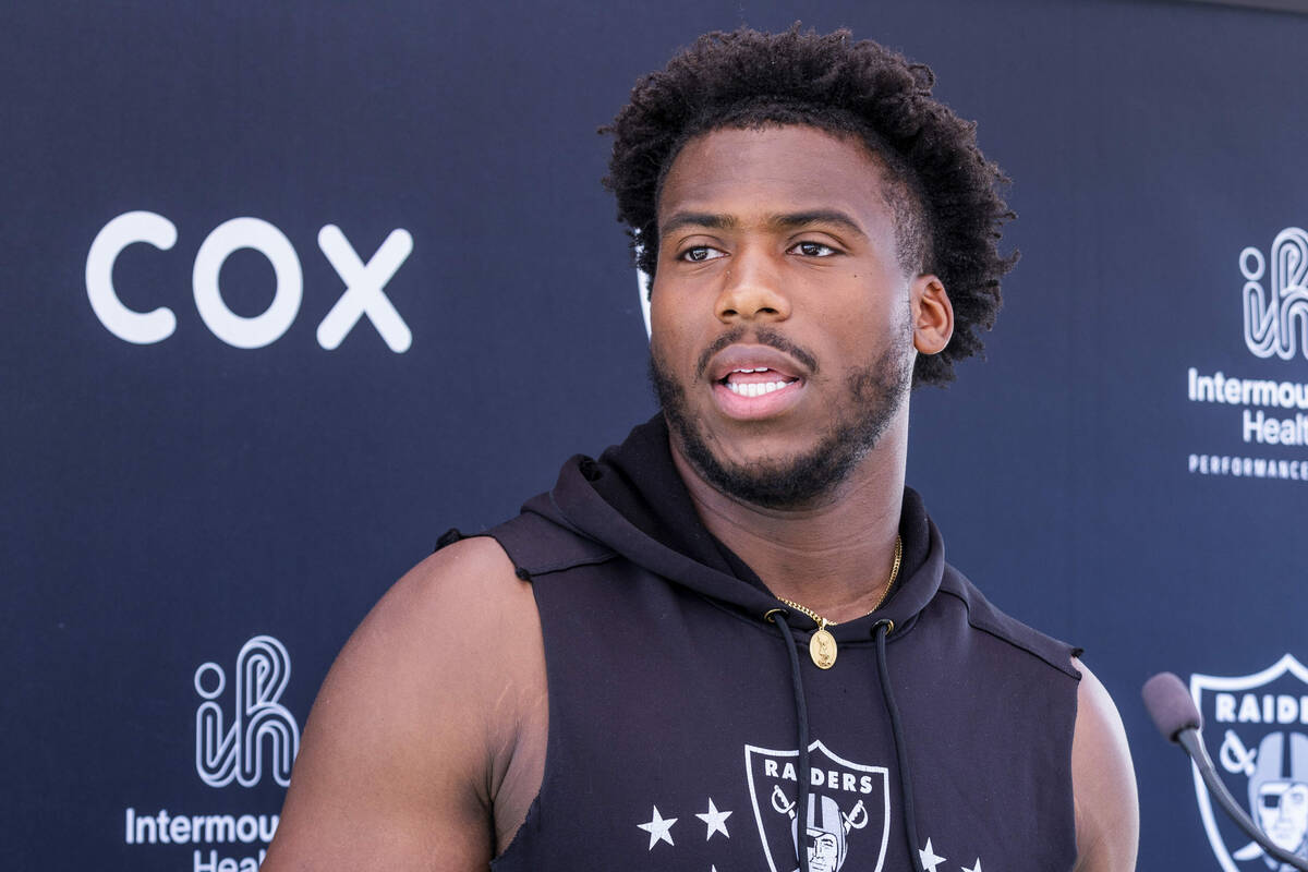 Raiders defensive end Malcolm Koonce (51) speaks to the media during Raiders OTA practice at th ...