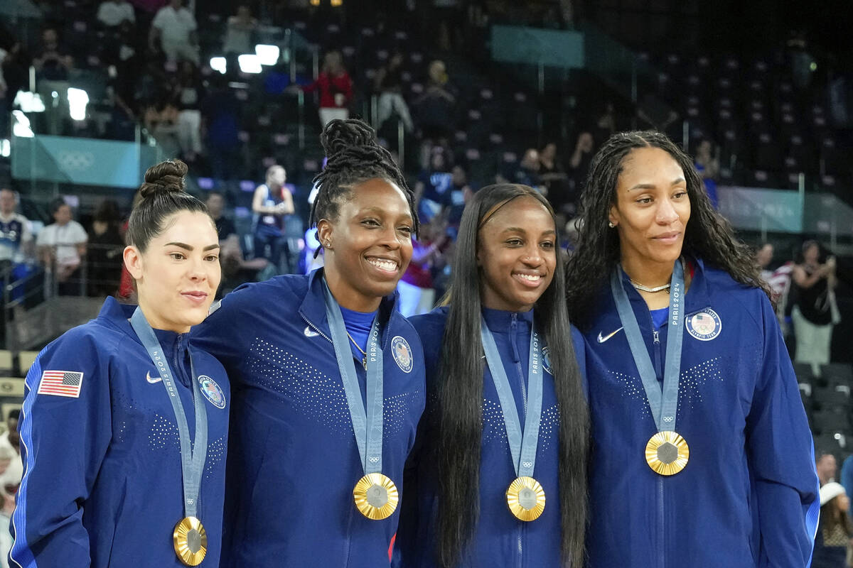 Kelsey Plum of United States, Chelsea Gray of United States, Jackie Young of United States, A'J ...
