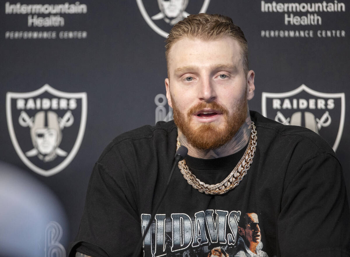 Raiders defensive end Maxx Crosby speaks at a news conference after receiving a contract extens ...