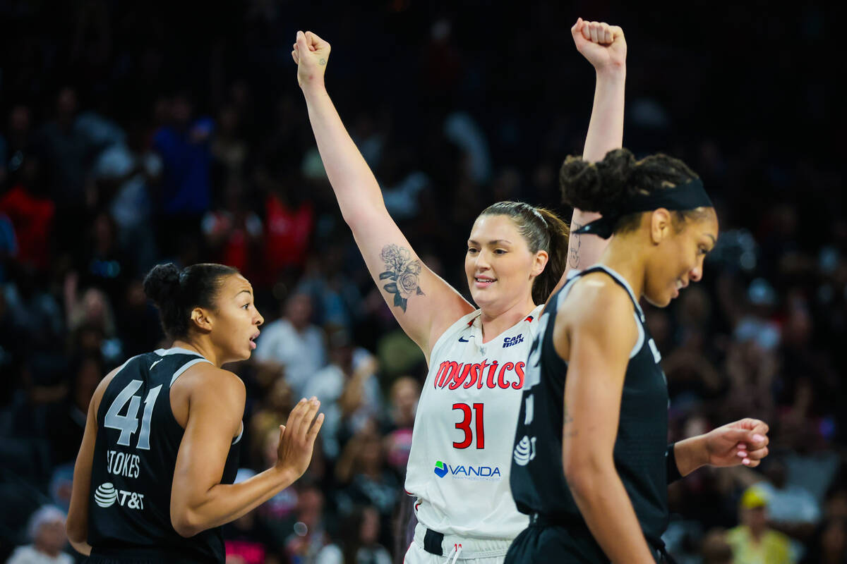 Washington Mystics center Stefanie Dolson (31) celebrates a foul that was eventually overturned ...