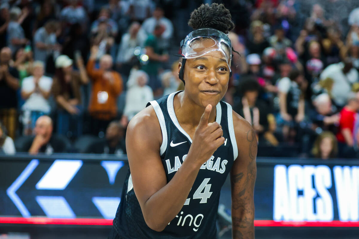 Aces guard Jewell Loyd (24) celebrates her game winning shot during a WNBA basketball game betw ...