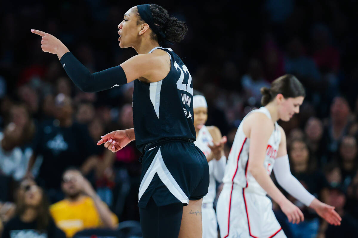 Aces center A'ja Wilson (22) yells during a WNBA basketball game between the Aces and Washingto ...