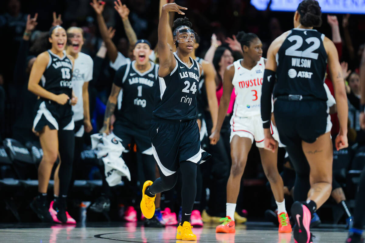 Aces guard Jewell Loyd (24) celebrates her game winning shot during a WNBA basketball game betw ...