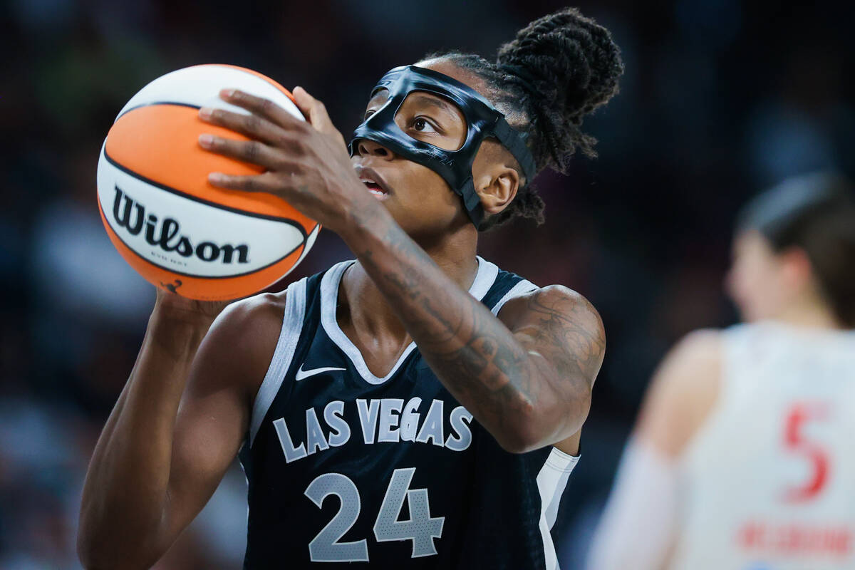 Aces guard Jewell Loyd (24) attempts a free throw during a WNBA basketball game between the Ace ...