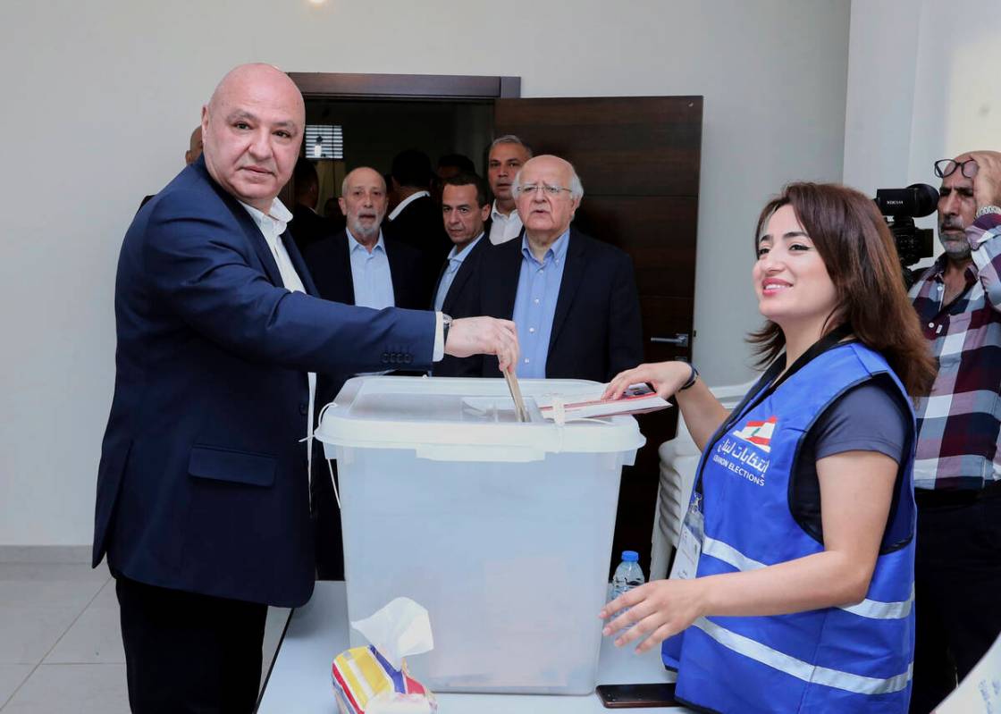 In this photo, released by the Lebanese Presidency press office, Lebanese president Joseph Aoun ...