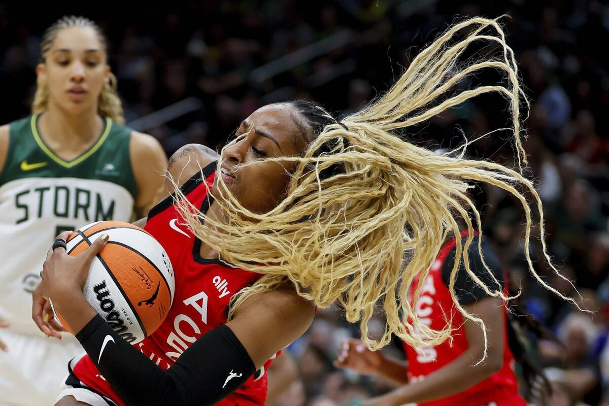 Las Vegas Aces guard Tiffany Mitchell rebounds the ball during the fourth quarter Sunday, May 2 ...