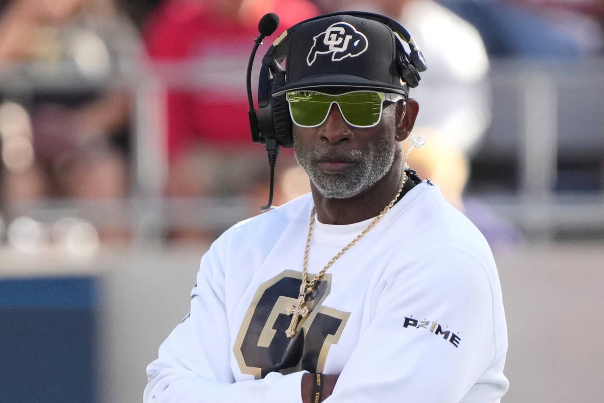 FILE - Colorado head coach Deion Sanders watches during the first half during an NCAA college f ...