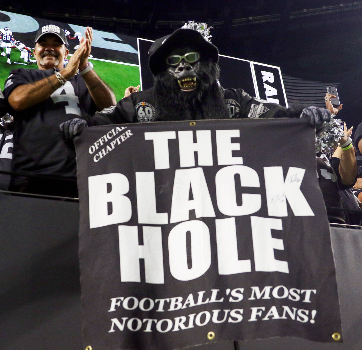 Raiders Superman Gorilla Rilla poses during the second quarter of an NFL football game on Monda ...