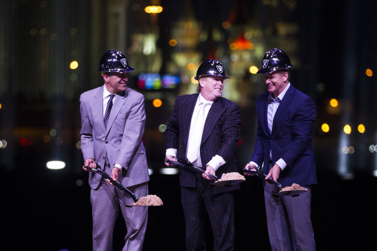 Gov. Brian Sandoval, from left, Raiders owner Mark Davis, and NFL Commissioner Roger Goodell, d ...