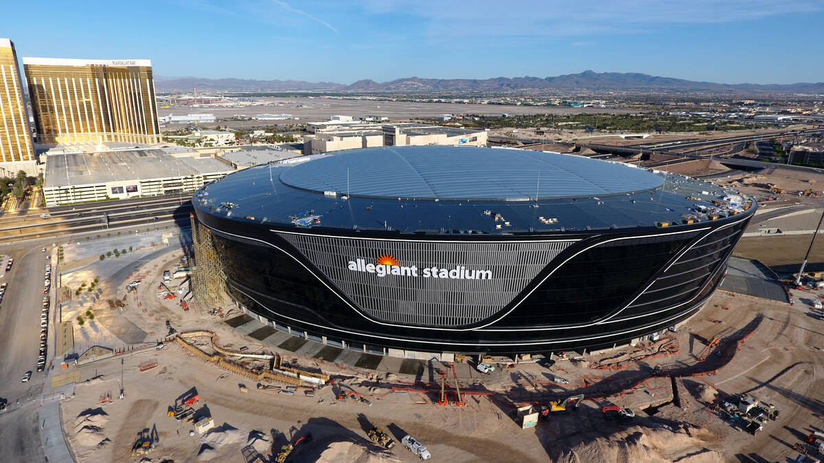 Aerial view of Allegiant Stadium with completed roof panel installation on Friday, April 24, 20 ...
