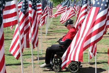 Veteran Donald Foster of Las Vegas pauses among flags during the Field of Honor ceremony at Cor ...