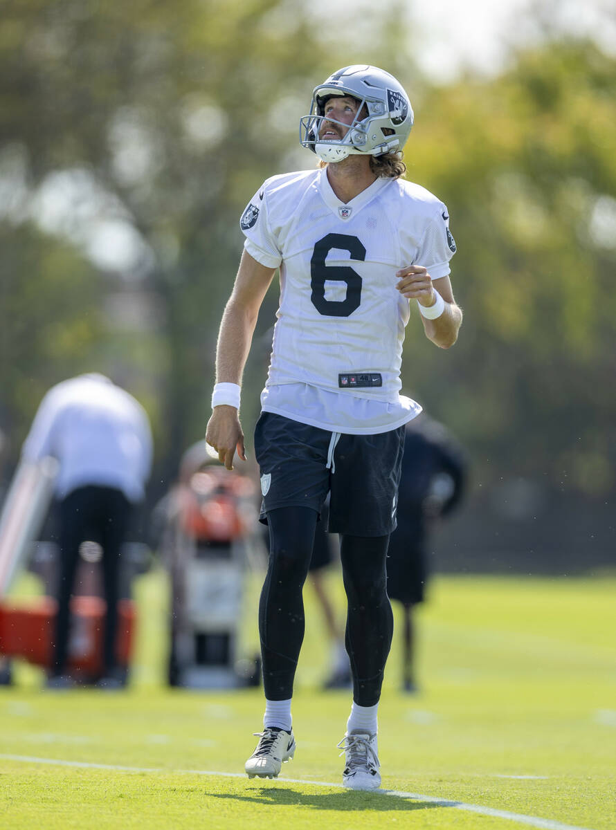 Raiders punter AJ Cole (6) looks to another kick during the first day of Raiders training camp ...