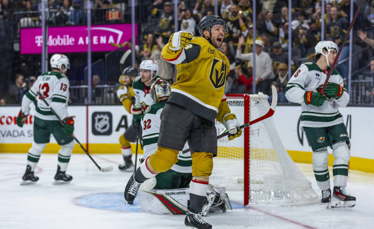 Golden Knights center Tomas Hertl (48) celebrates a goal against Minnesota Wild goaltender Fili ...