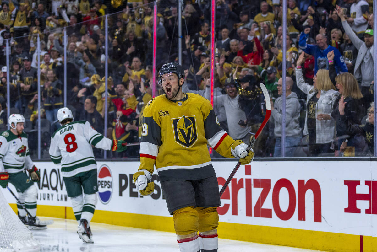 Golden Knights center Tomas Hertl (48) celebrates a goal against Minnesota Wild goaltender Fili ...