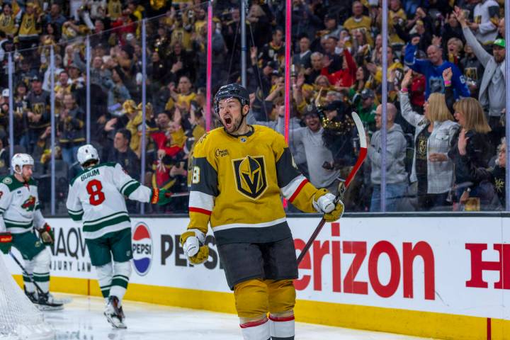 Golden Knights center Tomas Hertl (48) celebrates a goal against Minnesota Wild goaltender Fili ...