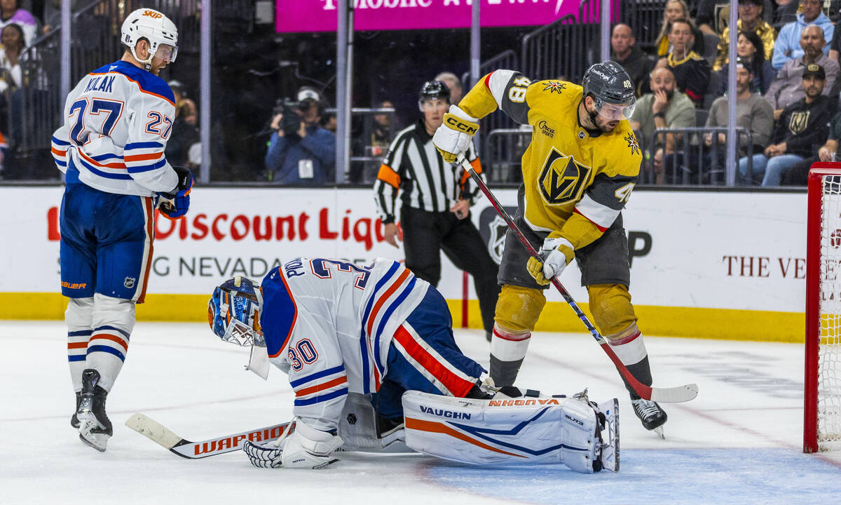 Edmonton Oilers goaltender Calvin Pickard (30) is down dejected after a score as Golden Knights ...
