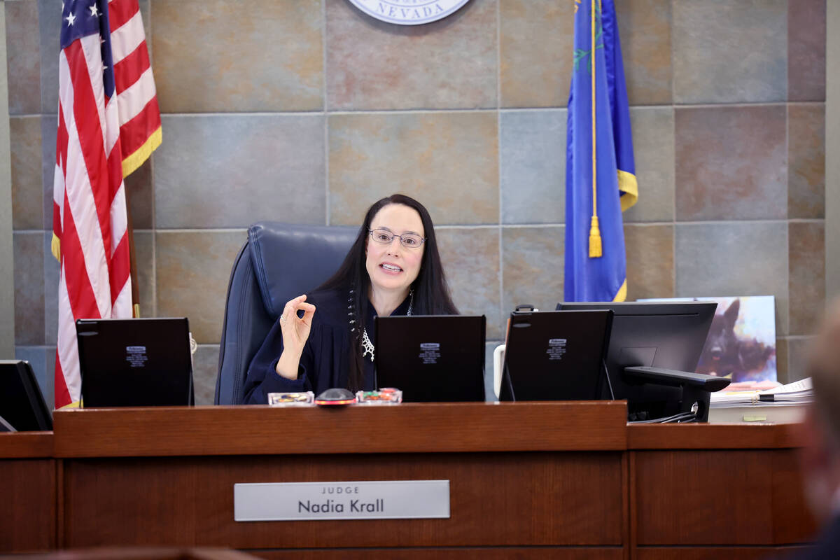 District Judge Nadia Krall presides during a hearing for Duane “Keffe D” Davis re ...