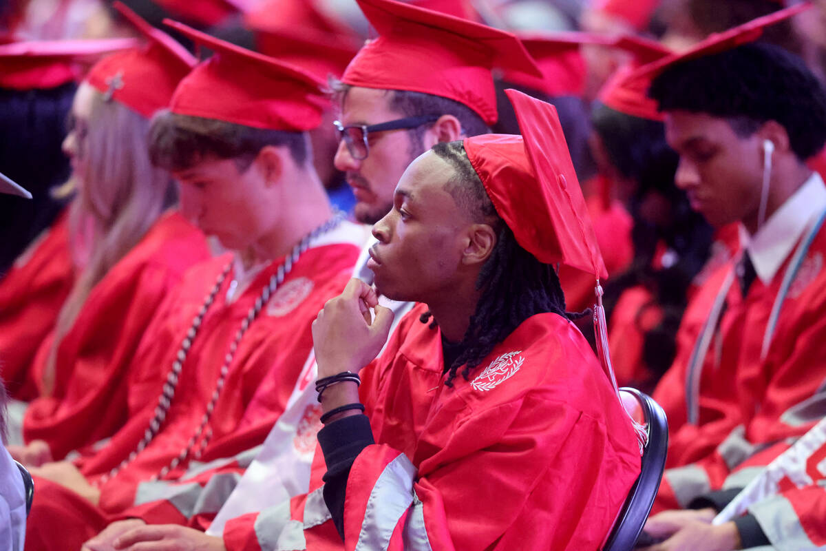 Arbor View High School students listen to a speaker during graduation at the Thomas & Mack ...