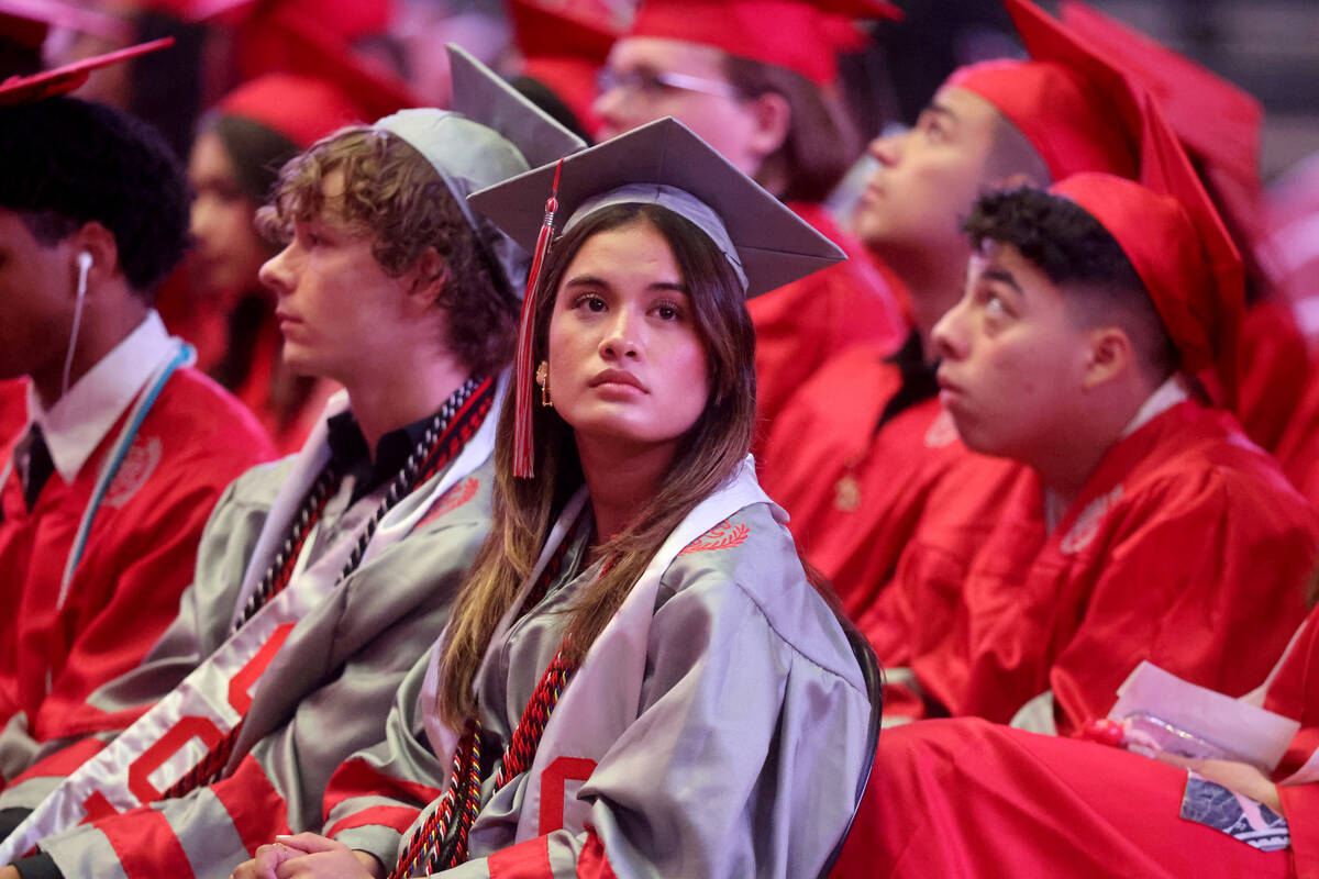 Arbor View High School students listen to a speaker during graduation at the Thomas & Mack ...