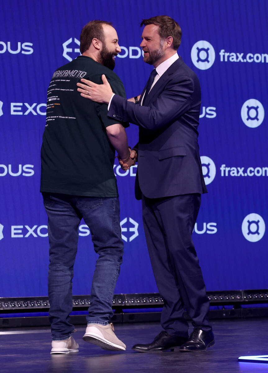 David Bailey, CEO of BTC Inc., left, greets Vice President JD Vance at the Bitcoin 2025 Confere ...