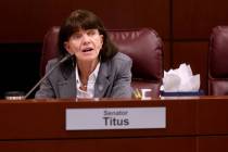 Sen. Robin Titus, R-Wellington, speaks during a meeting of the Nevada Senate Finance Committee ...