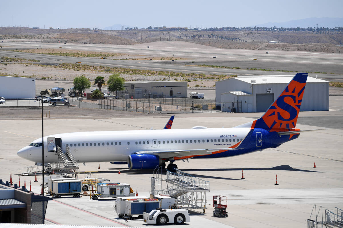 A Sun Country Airlines jet is seen at the Laughlin-Bullhead International Airport Thursday, May ...