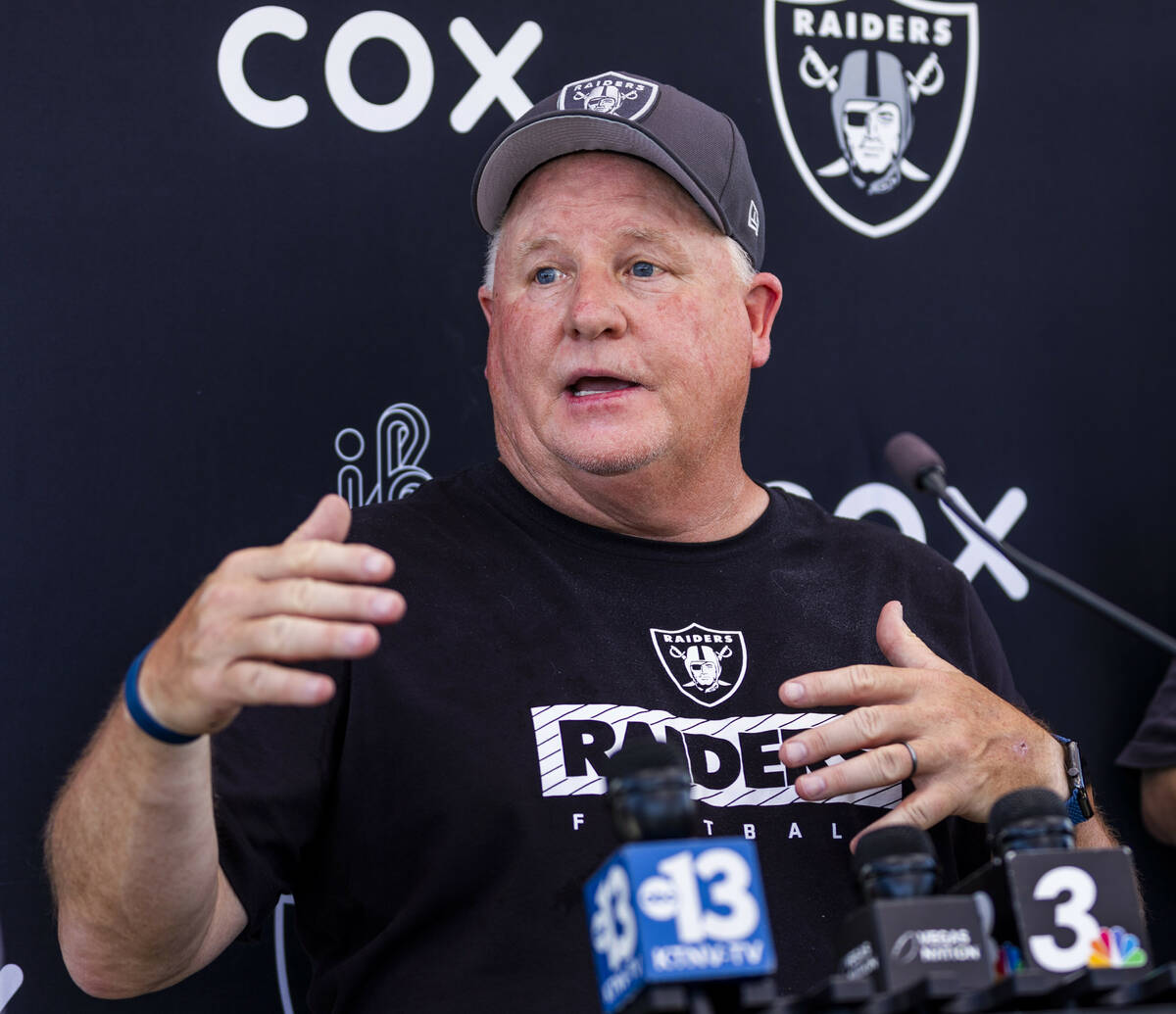 Raiders offensive coordinator Chip Kelly speaks during OTA's at the Intermountain Health Perfor ...