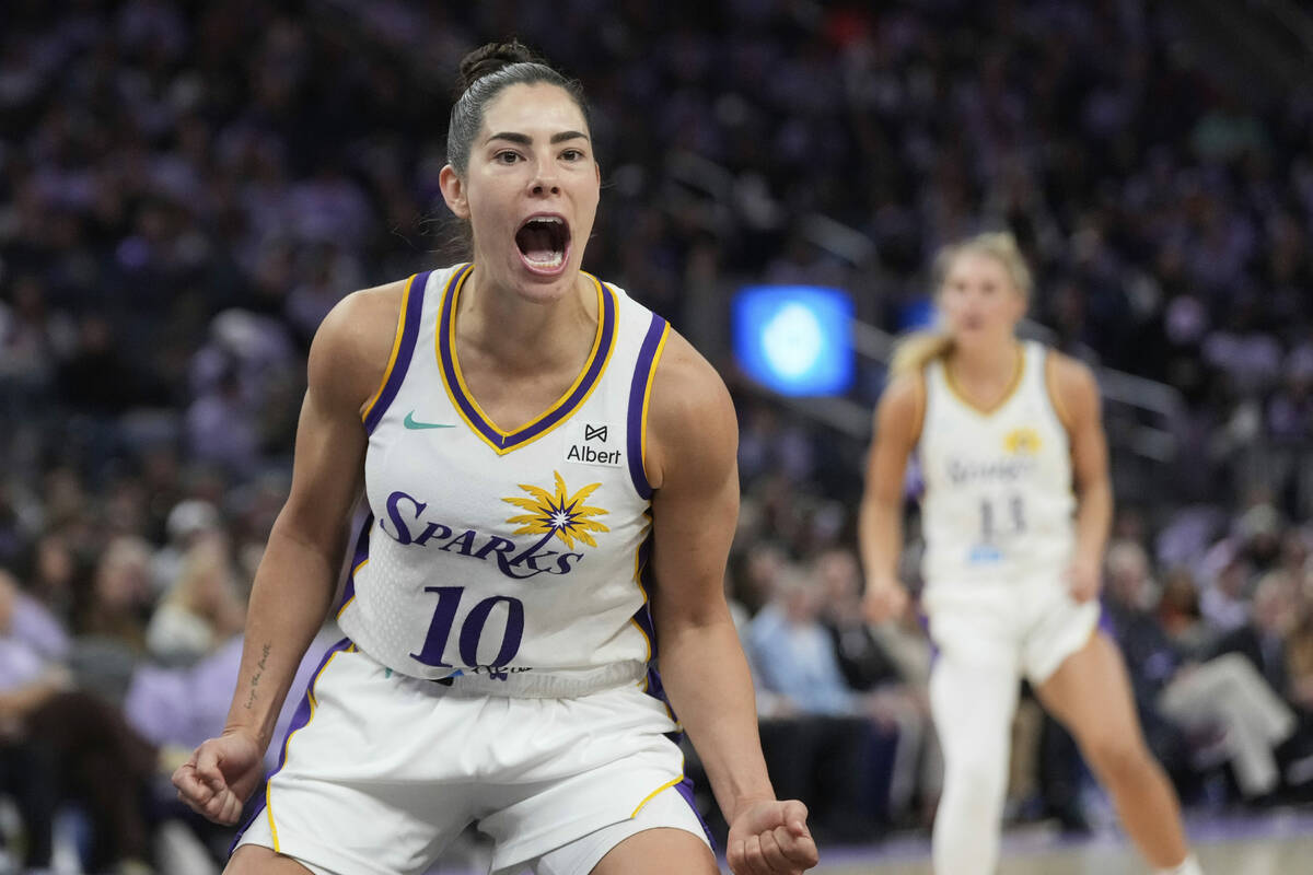 Los Angeles Sparks guard Kelsey Plum (10) celebrates after scoring against the Golden State Val ...