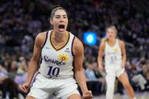 Los Angeles Sparks guard Kelsey Plum (10) celebrates after scoring against the Golden State Val ...