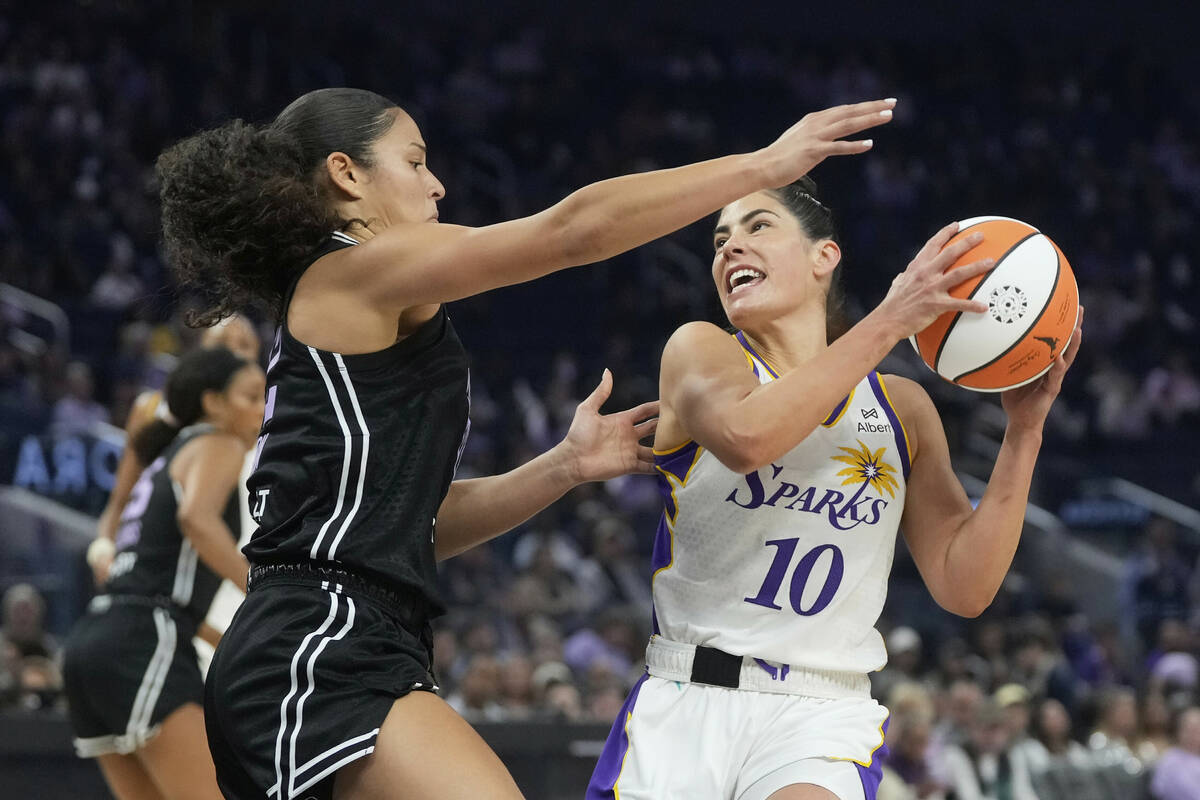 Los Angeles Sparks guard Kelsey Plum (10) looks to shoot while being defended by Golden State V ...