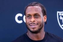 Raiders quarterback Geno Smith (7) speaks during OTA's at the Intermountain Health Performance ...