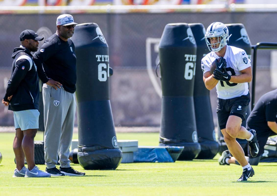 Raiders wide receiver Jack Bech (18) runs upfield after a catch during OTA's at the Intermounta ...