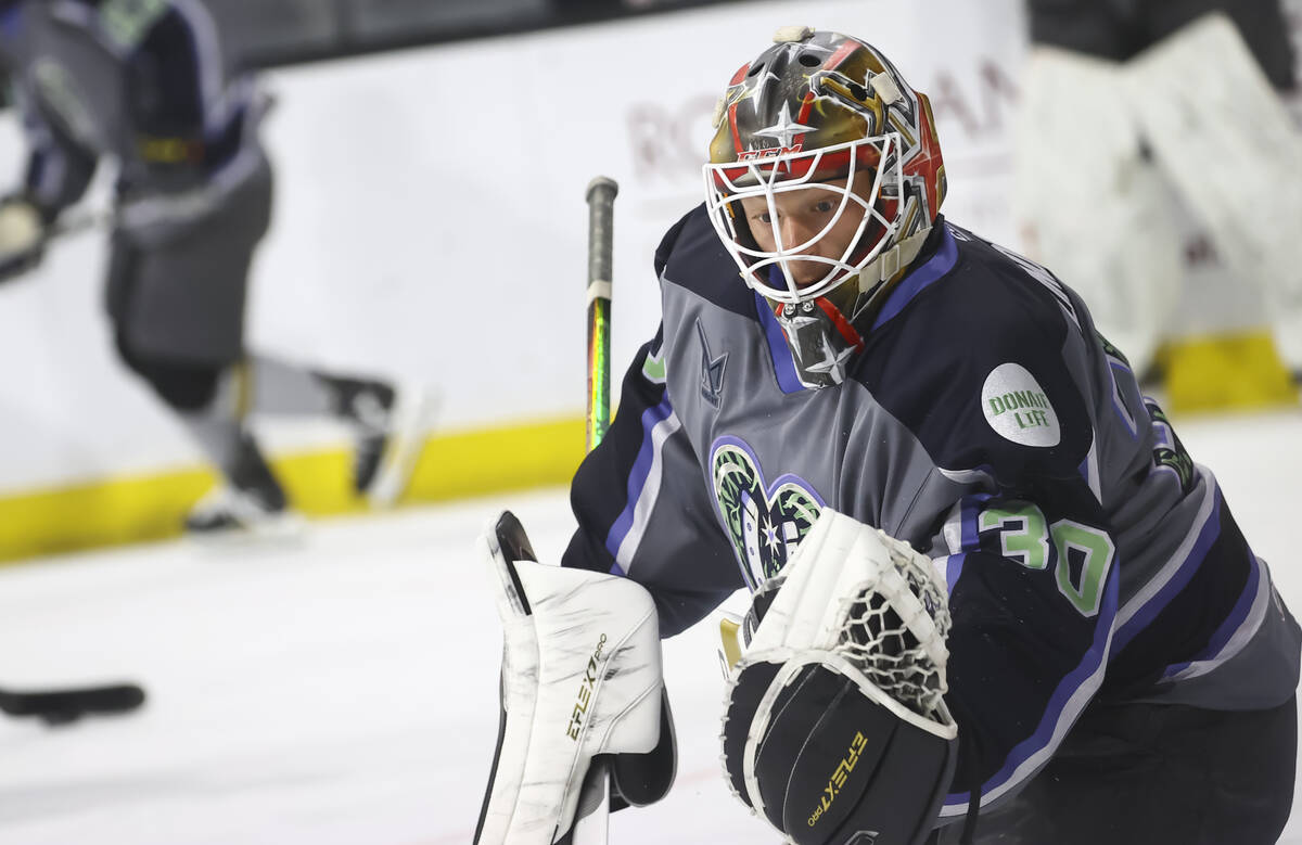 Silver Knights goaltender Carl Lindbom warms up before an AHL hockey game against the Bakersfie ...