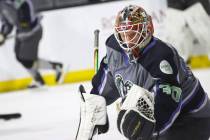 Silver Knights goaltender Carl Lindbom warms up before an AHL hockey game against the Bakersfie ...
