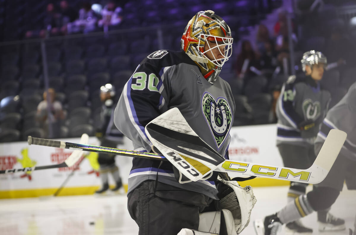 Silver Knights goaltender Carl Lindbom warms up before an AHL hockey game against the Bakersfie ...