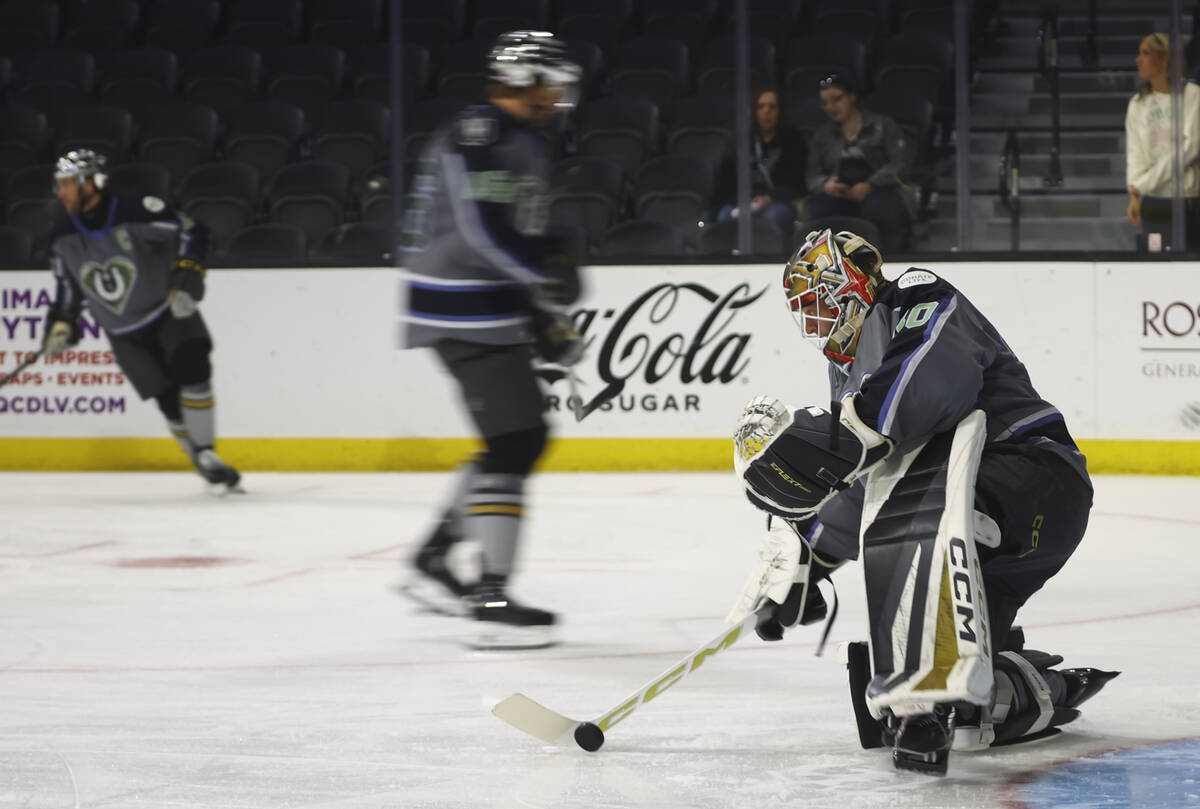Silver Knights goaltender Carl Lindbom warms up before an AHL hockey game against the Bakersfie ...
