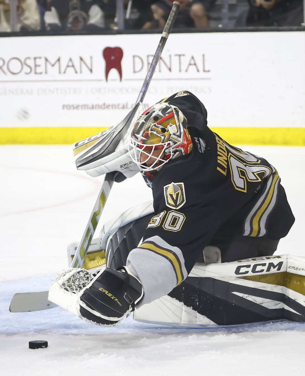 Silver Knights goaltender Carl Lindbom defends the net during an AHL hockey game against the Ba ...