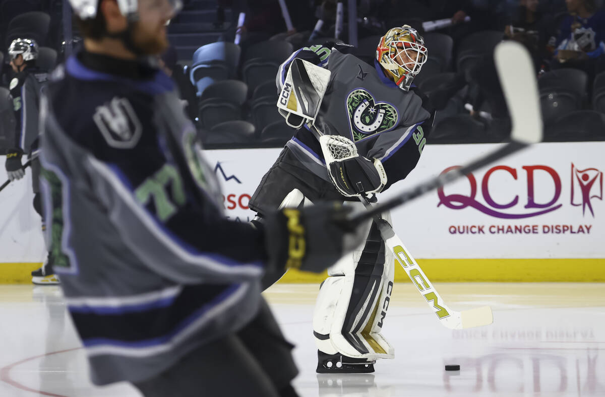 Silver Knights goaltender Carl Lindbom warms up before an AHL hockey game against the Bakersfie ...