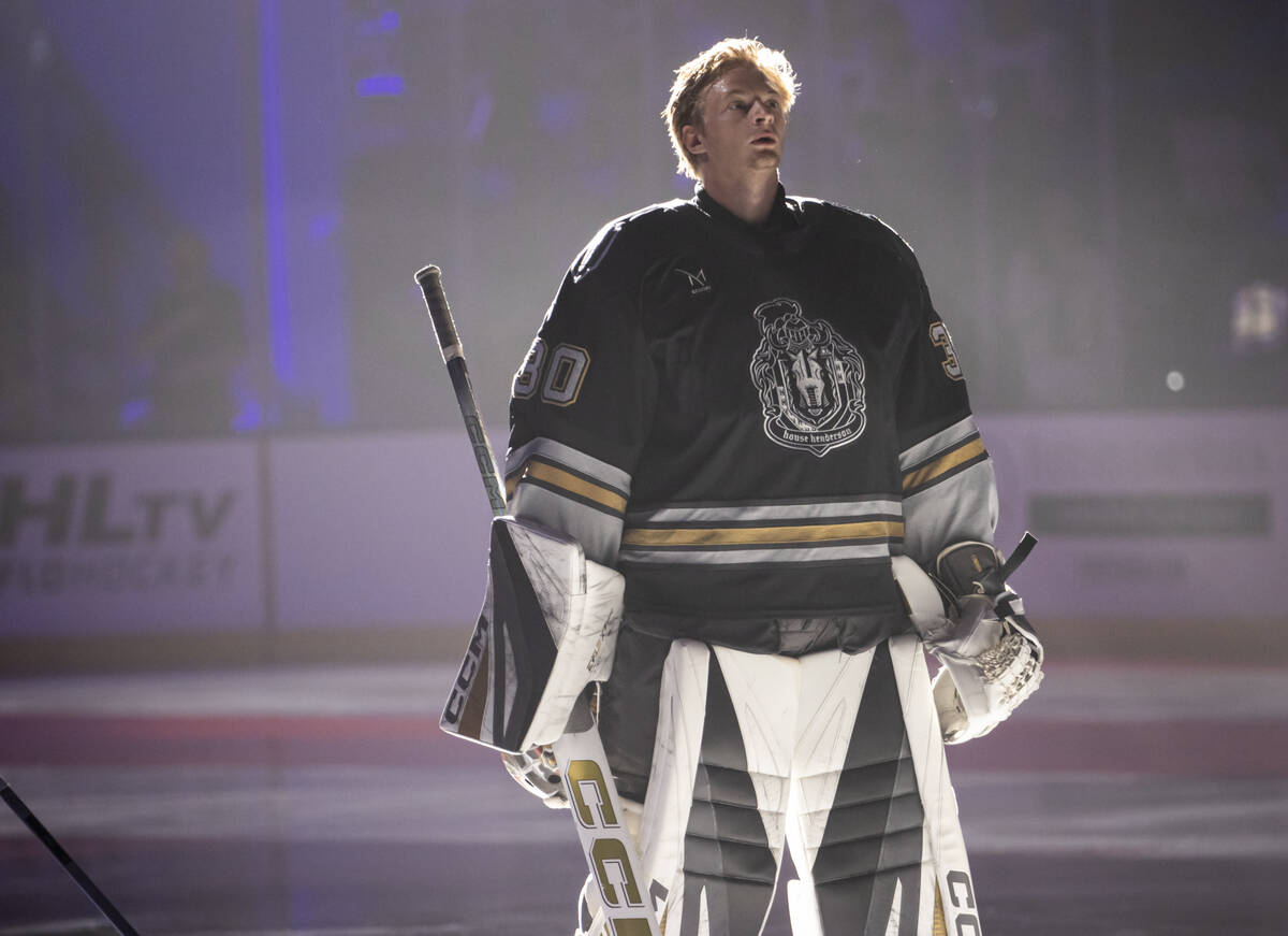 Silver Knights goaltender Carl Lindbom is introduced before an AHL hockey game against the Bake ...