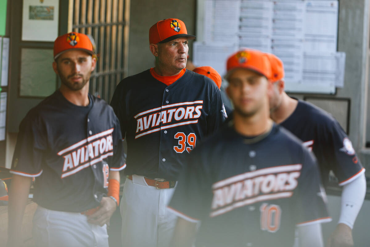Aviators manager Fran Riordan walks the dugout during a baseball game between the Las Vegas Avi ...