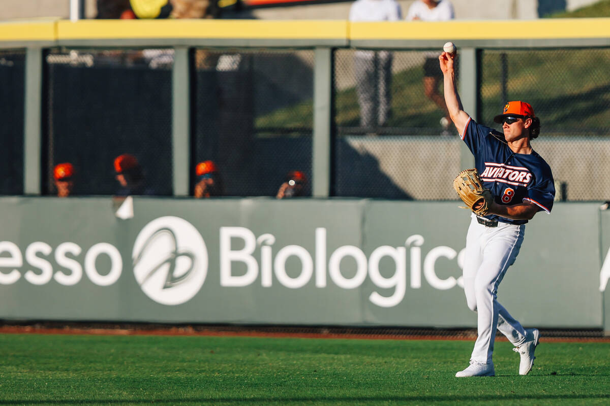 Aviators outfielder Colby Thomas (8) throws the ball from the outfield during a baseball game b ...