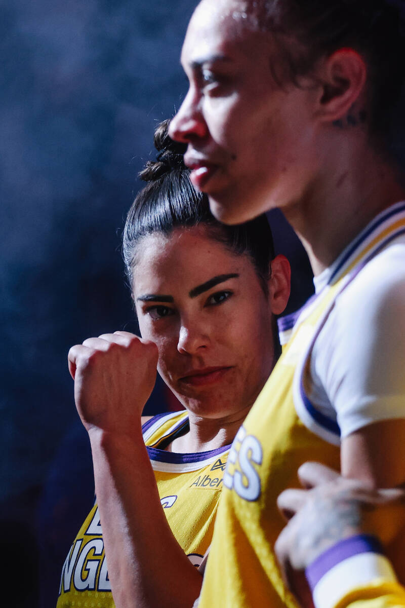 Los Angeles Sparks guard Kelsey Plum (10) pumps her fist following a WNBA basketball game betwe ...