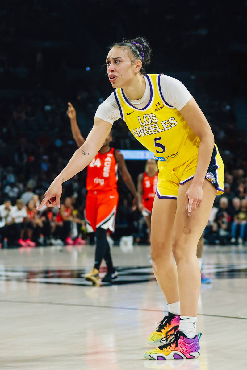 Los Angeles Sparks forward Dearica Hamby (5) gestures to a referee after a call against her dur ...