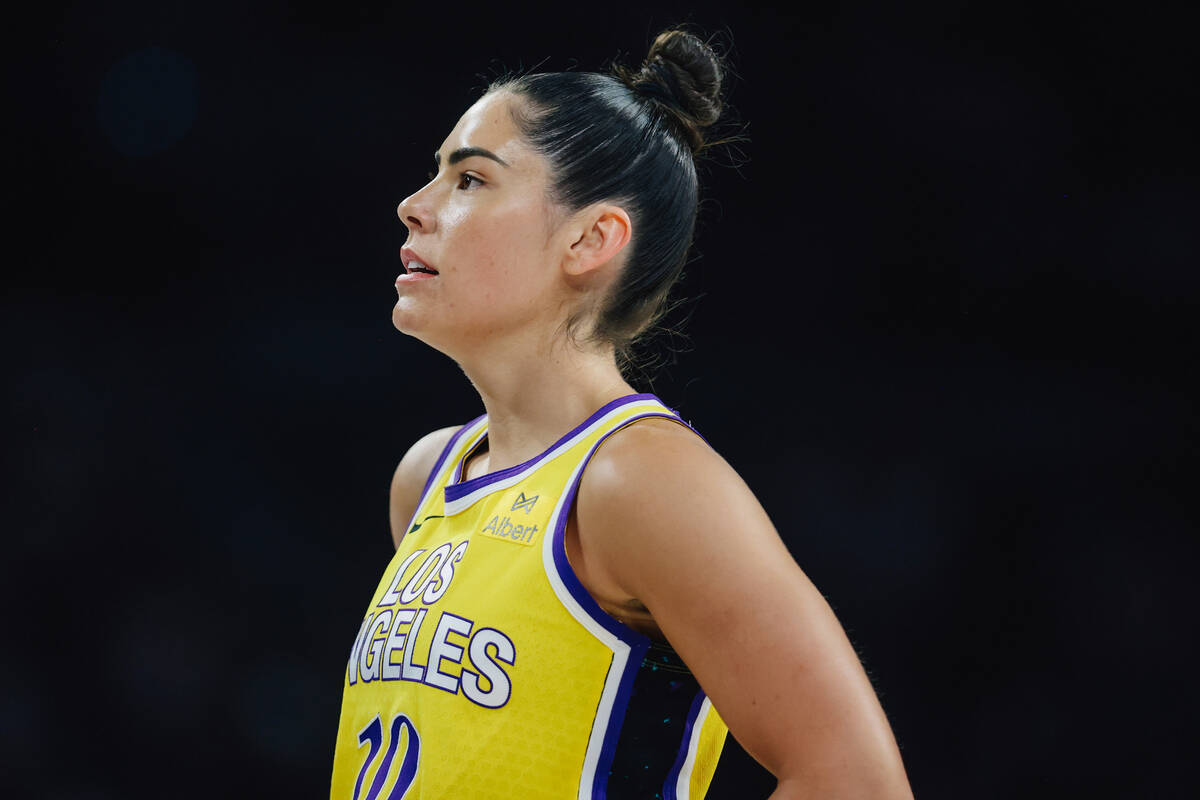 Los Angeles Sparks guard Kelsey Plum (10) watches a free throw attempt during a WNBA basketball ...