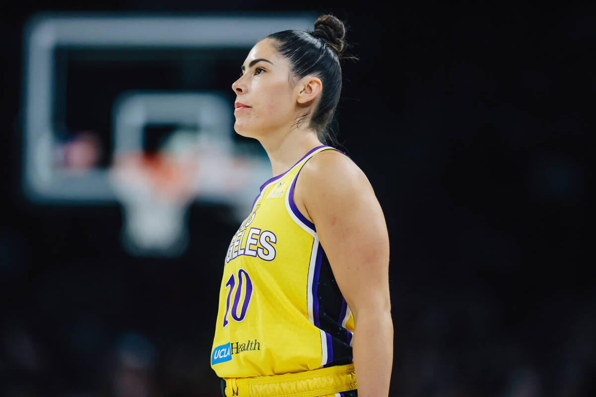Los Angeles Sparks guard Kelsey Plum (10) watches a free throw attempt during a WNBA basketball ...