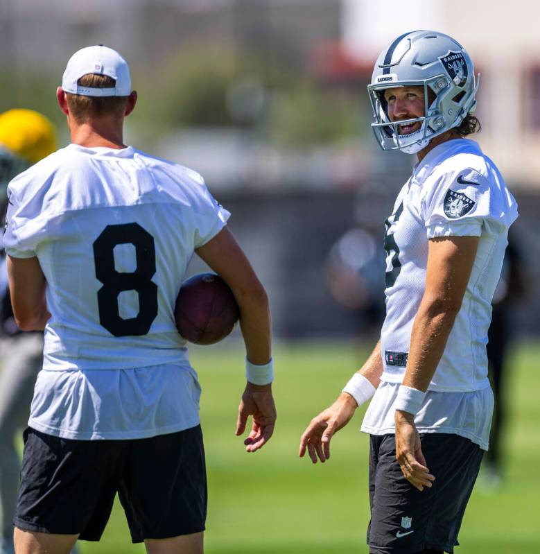 Raiders punter AJ Cole (6) shares a laugh with kicker Daniel Carlson (8) during OTA's at the In ...