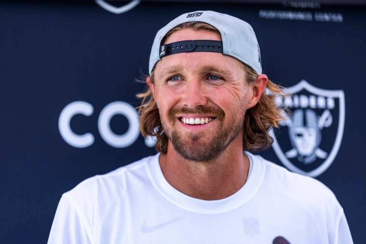 Raiders punter AJ Cole (6) speaks during OTA's at the Intermountain Health Performance Center o ...