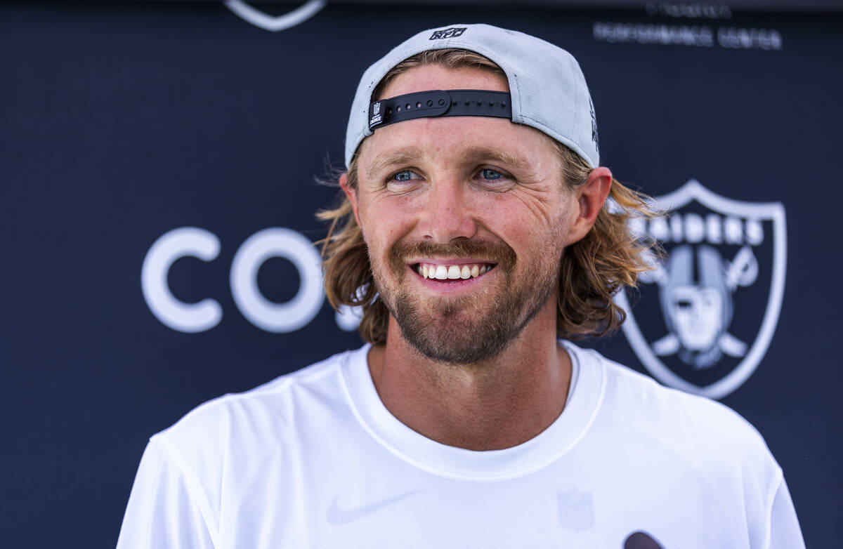 Raiders punter AJ Cole (6) speaks during OTA's at the Intermountain Health Performance Center o ...