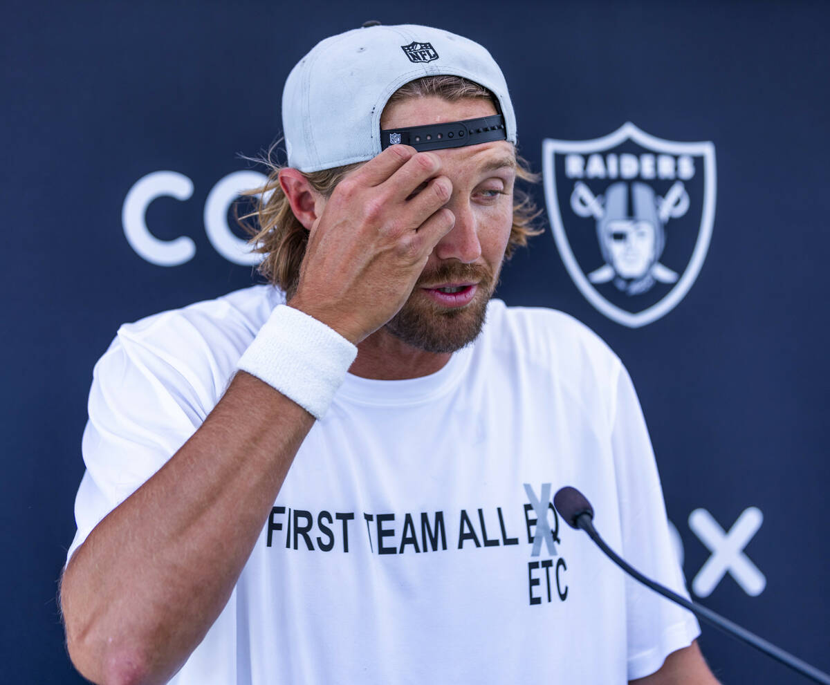 Raiders punter AJ Cole (6) speaks during OTA's at the Intermountain Health Performance Center o ...